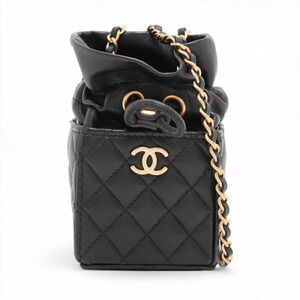 Chanel Matelasse Lambskin Chain Shoulder Bag Drawstring Black